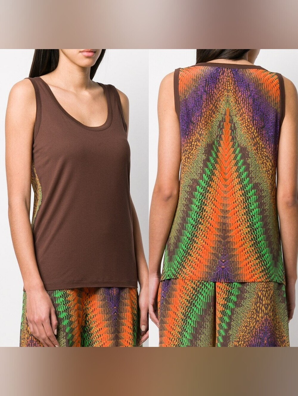 2000s Missoni Brown Sleeveless Blouse With Colorful Silk Panel On Back